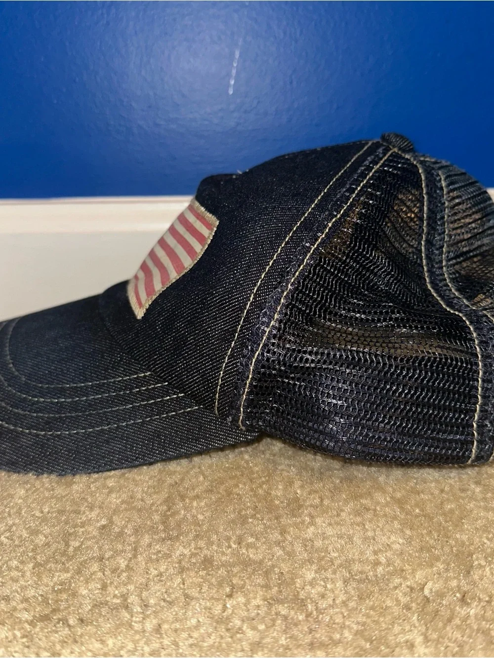 Polo Ralph Lauren Denim Mesh Trucker Cap American Flag Patch Navy Blue
